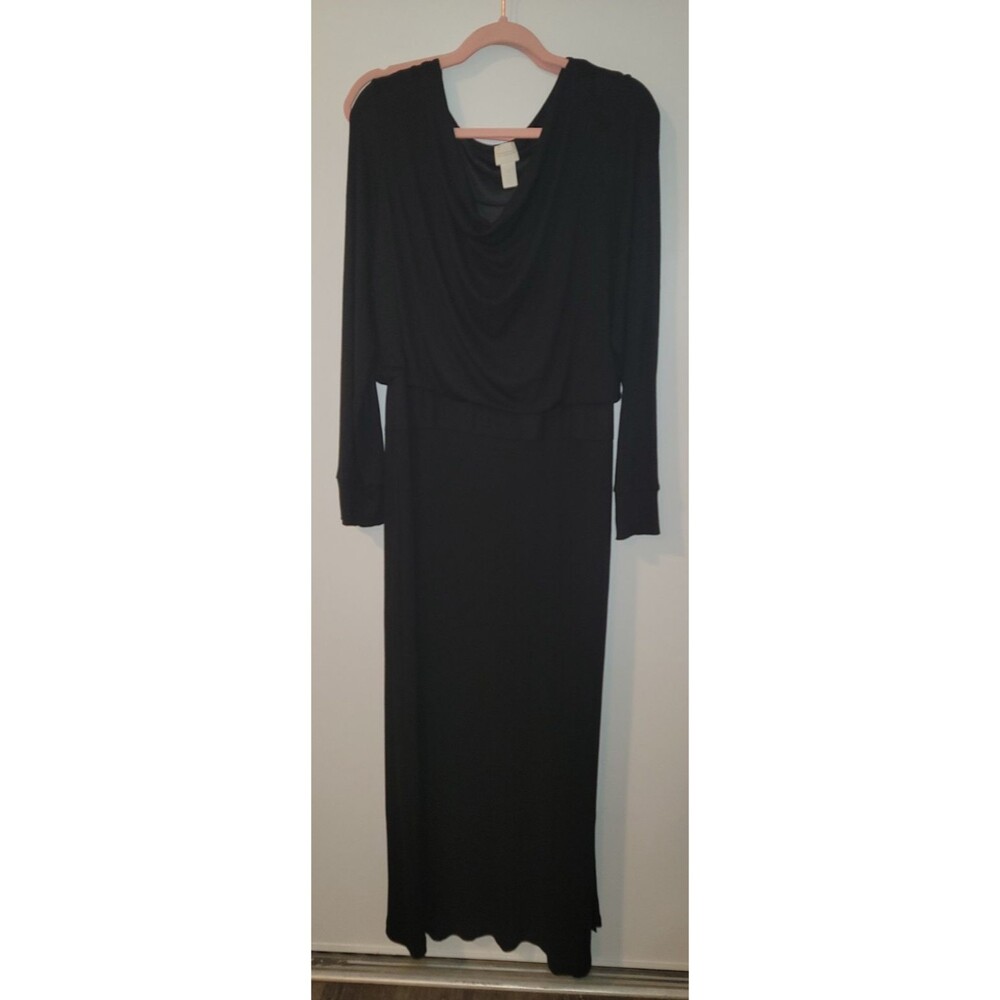 Chicos Size 4 (XXL / 20) Black Long Sleeve Draped Maxi Dress Slit Lined Soft